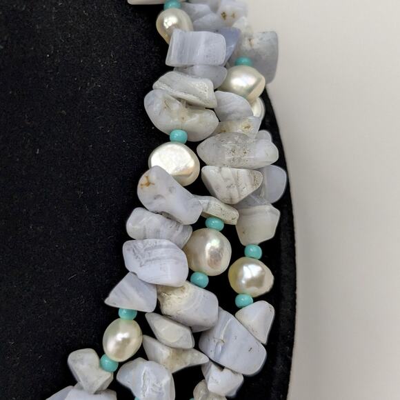Light Blue Gemstone Freshwater Pearl Multi-Strand Necklace Sterling Silver 925 - Picture 6 of 10